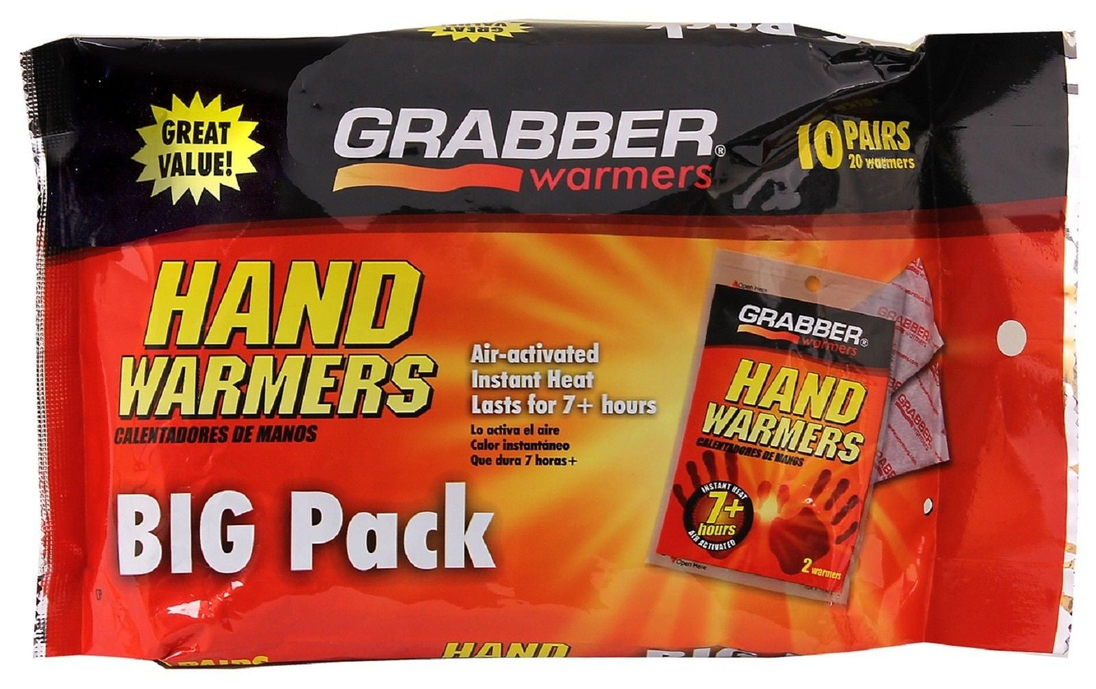 Grabber Big Pack Hand Warmers for Gloves/Pockets, 7 hours of Warmth,  Instant Heat, 10-Pair