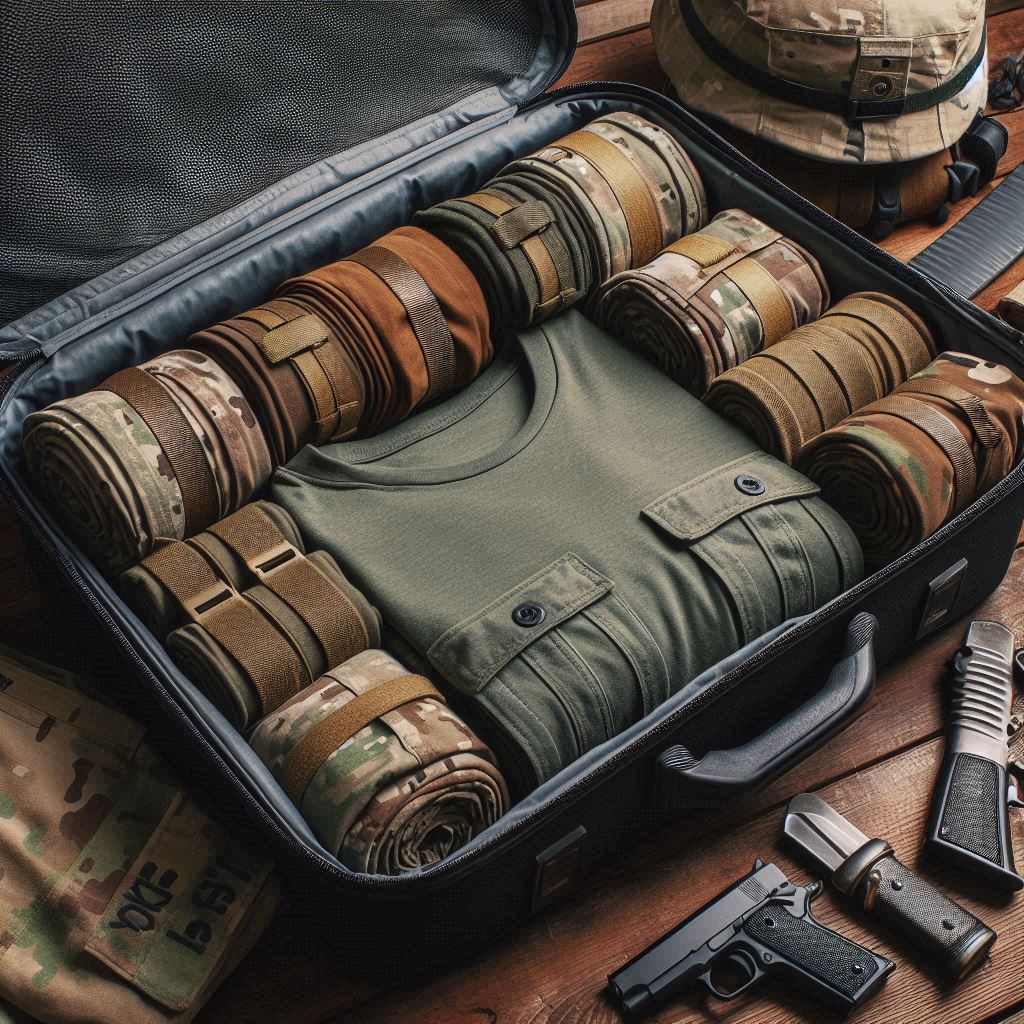 Military Style Rolled T-Shirts And Pants In A Suitcase For Travel.