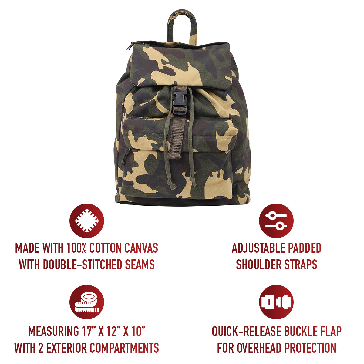 Canvas Daypacks - Camo or Black Backpack Bookbag Hiking Bags - H2O Resistant