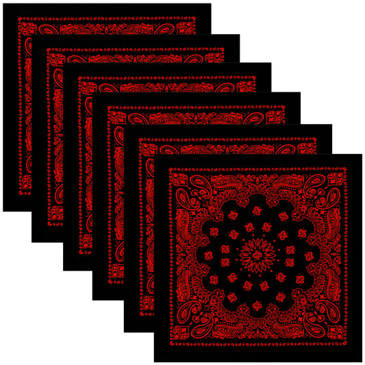 Black Red Paisley Trainmen Bandana 6-Pack Face Mask Headband & Skull Cap 22"x22"