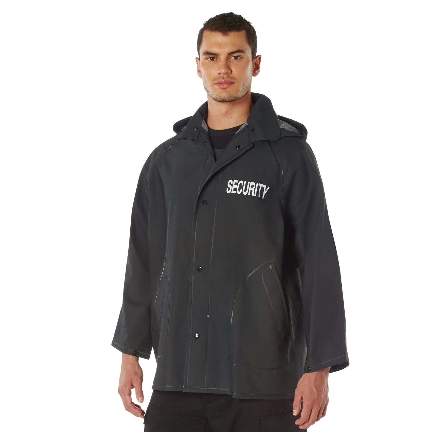 Mens Black SECURITY Rain Jacket - Rothco PVC Bouncer Staff Uniform Coat