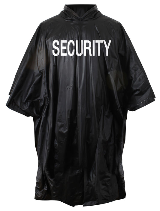 Black SECURITY Rain Poncho Coat Vinyl Hooded Waterproof Outdoor Weather Jacket