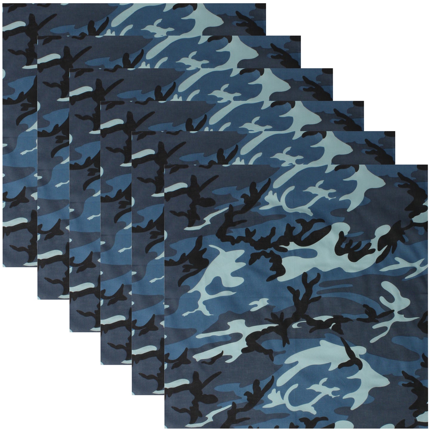 Sky Blue Camo Bandana 6-Pack Face Mask Headband & Skull Cap 22"x22" 100% Cotton