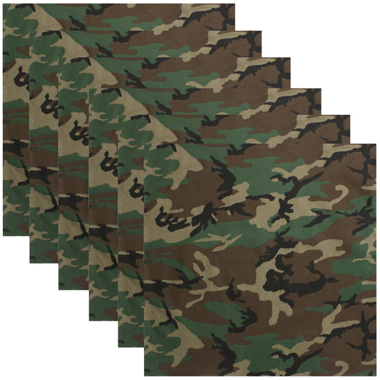 Woodland Camo Bandana 6-Pack Face Mask Headband & Skull Cap 22"x22" 100% Cotton