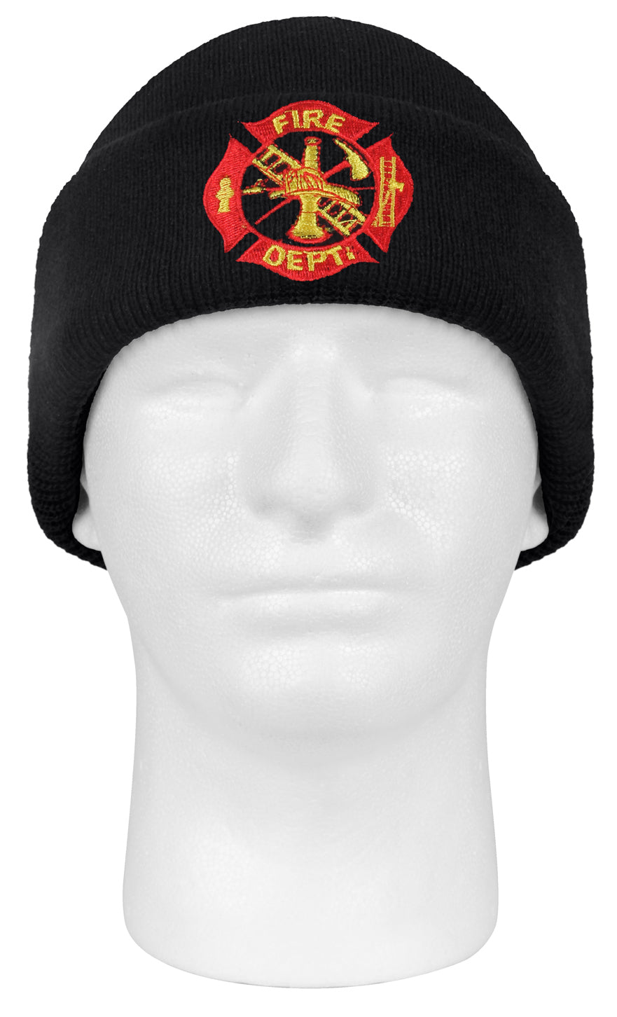 Black Fire Deptartment Watch Cap Ski Hat - Red / Gold Embroidered Winter Hat Cap