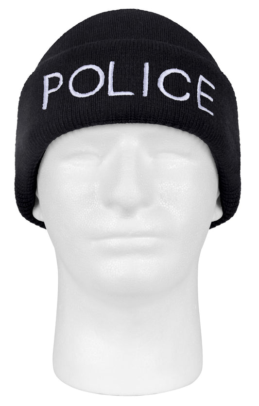 Black POLICE Watch Cap Ski Hat - White Embroidered Winter Hat 100% Acrylic