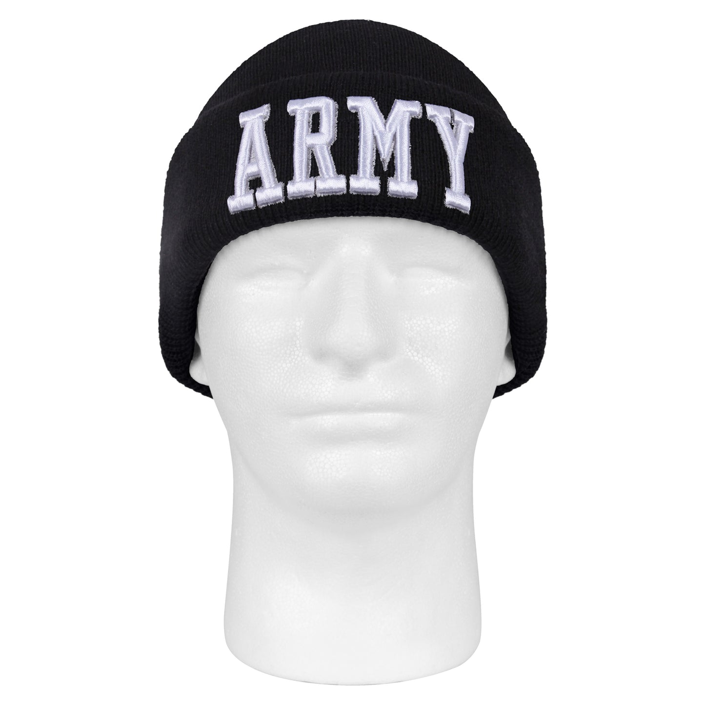 Black ARMY Watch Cap Ski Hat - Raised White Embroidery GI Style Winter Hat