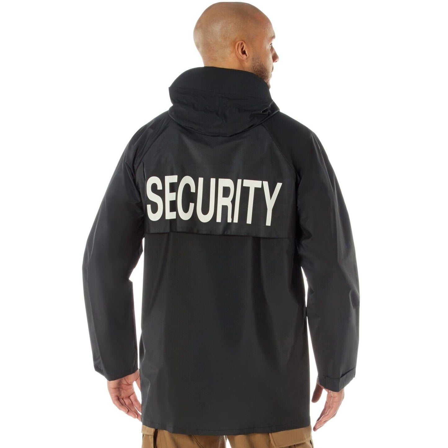 "SECURITY" Nylon Rain Jacket In Black - PVC Zip-Up Rain Coat with Hood