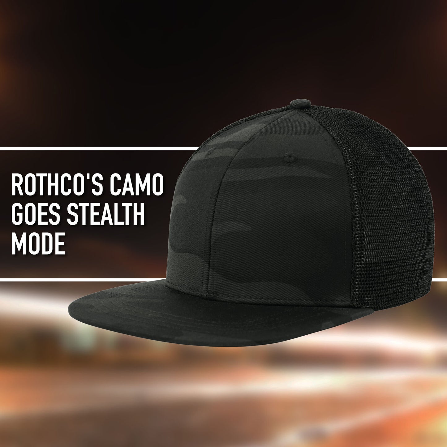 Mesh Back Midnight Black Camo Trucker Cap With Adjustable Strap and Flat Brim