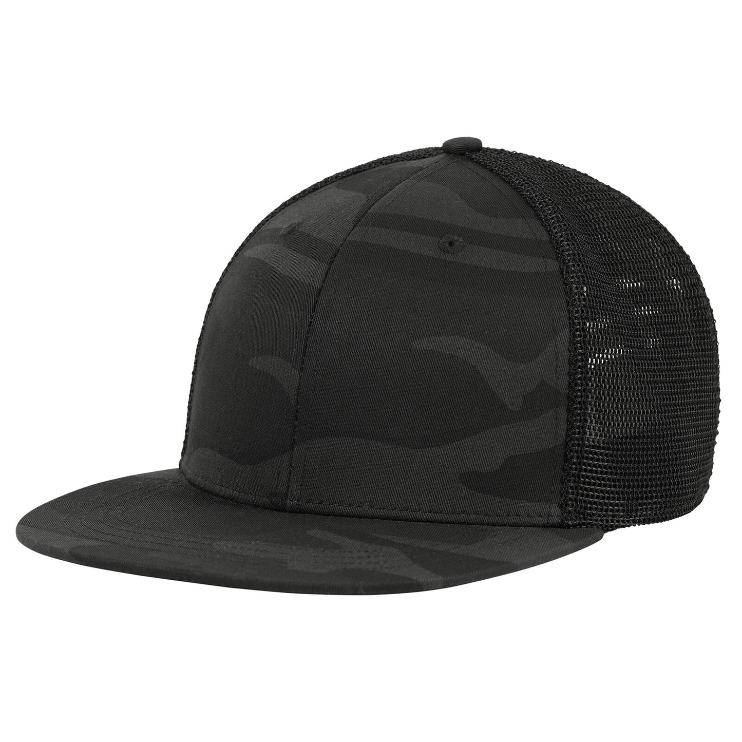 Mesh Back Midnight Black Camo Trucker Cap With Adjustable Strap and Flat Brim