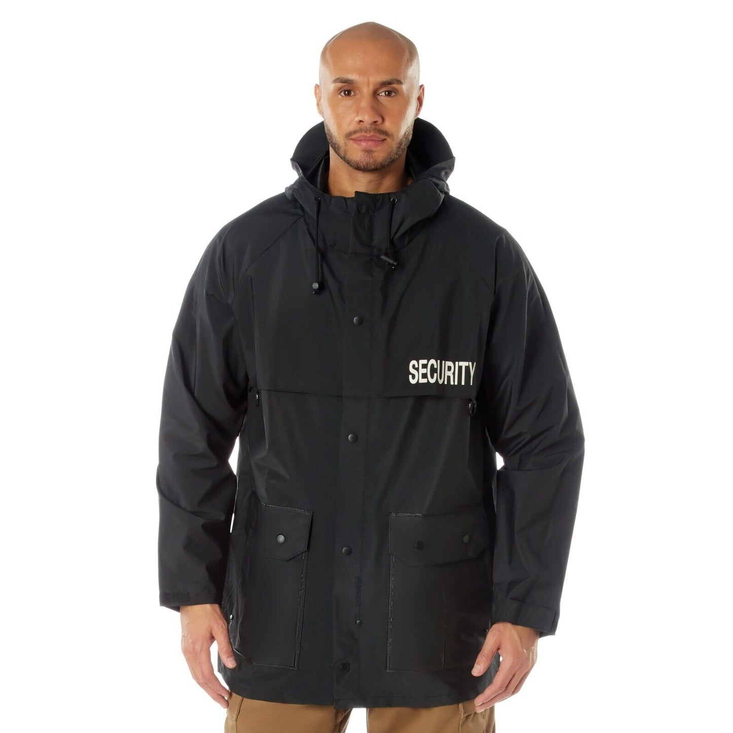 "SECURITY" Nylon Rain Jacket In Black - PVC Zip-Up Rain Coat with Hood