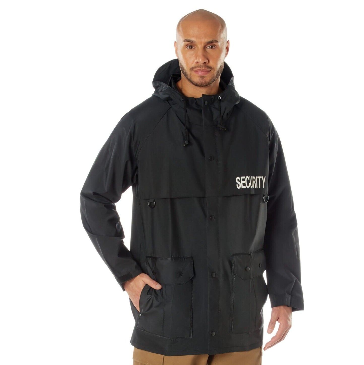 "SECURITY" Nylon Rain Jacket In Black - PVC Zip-Up Rain Coat with Hood