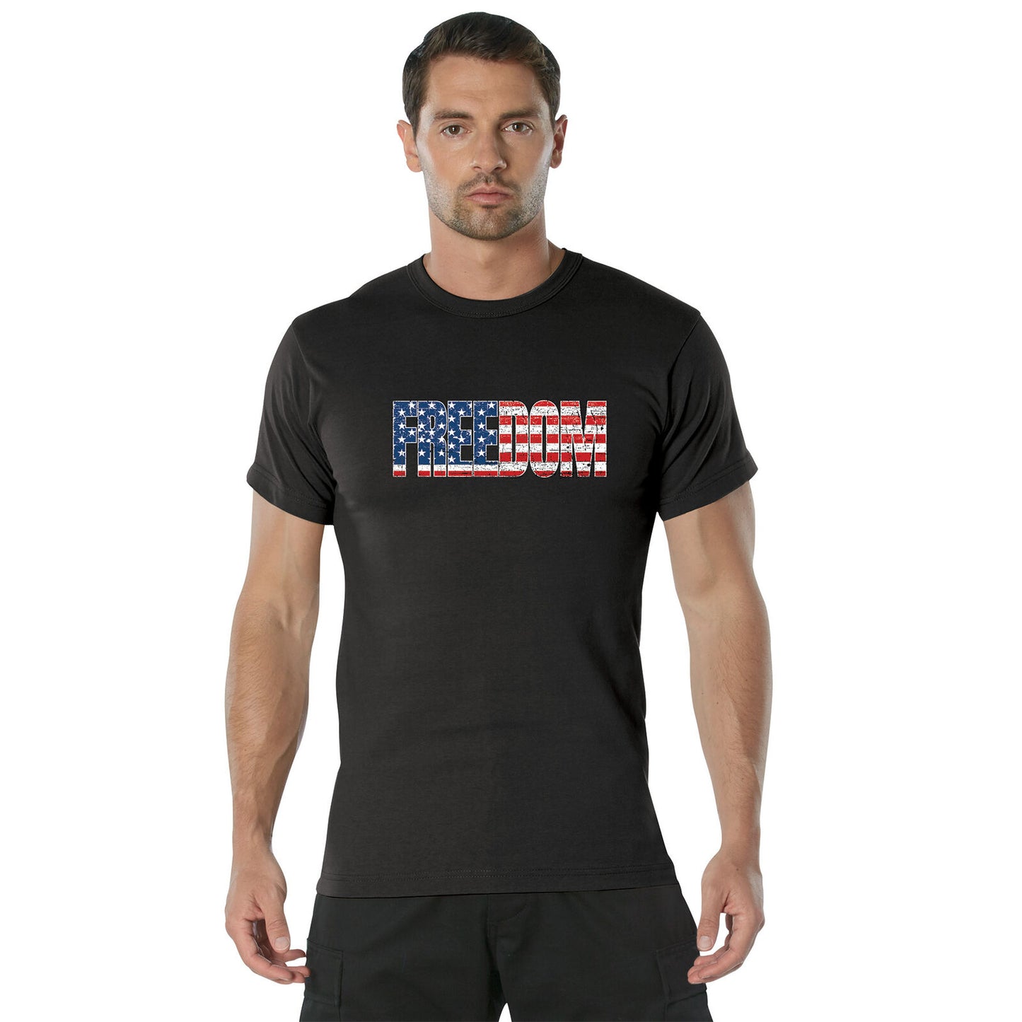 Men's "Freedom" US Flag T-Shirt - Black Tee With Red White Blue US Flag