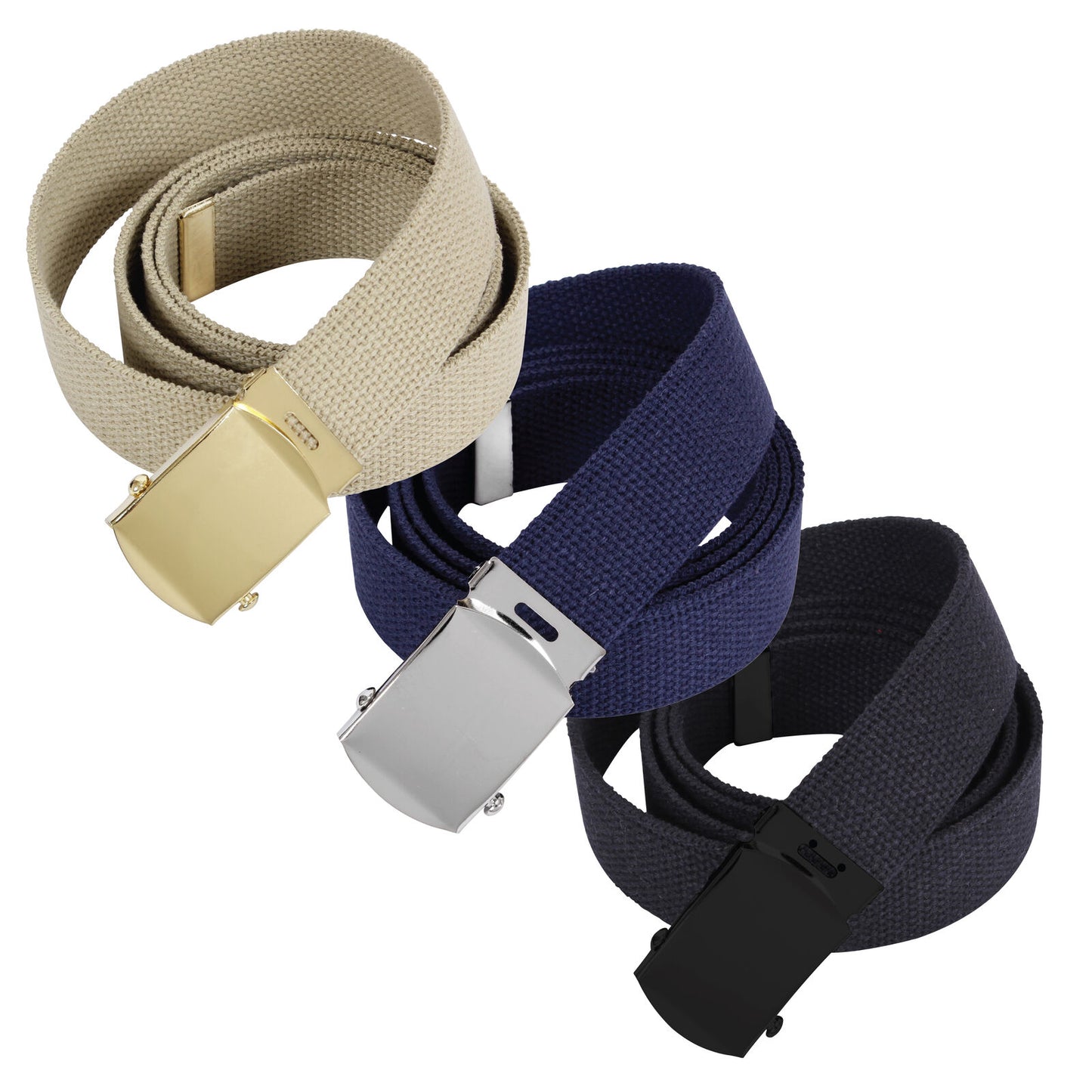 44" Web Belt 3-Pack -  Black Navy Blue and Khaki 100% Cotton