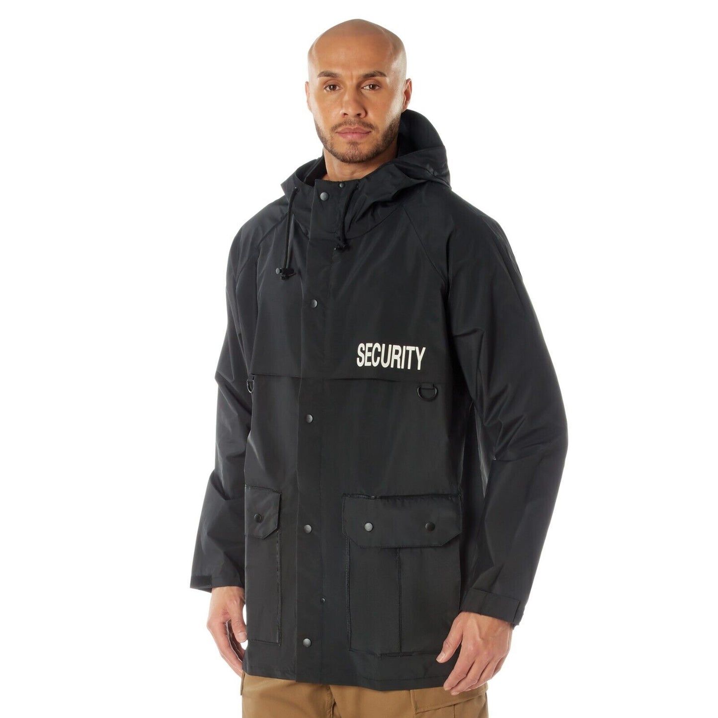 "SECURITY" Nylon Rain Jacket In Black - PVC Zip-Up Rain Coat with Hood