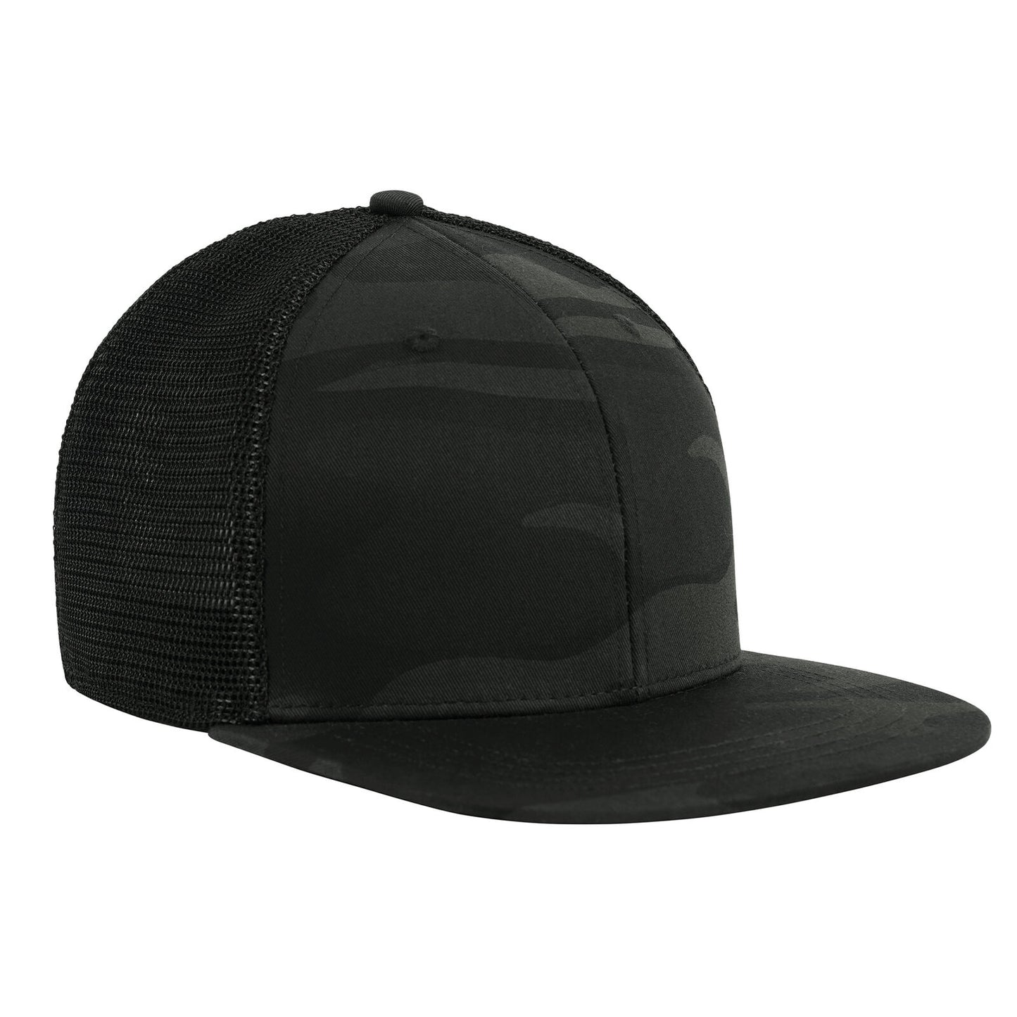 Mesh Back Midnight Black Camo Trucker Cap With Adjustable Strap and Flat Brim