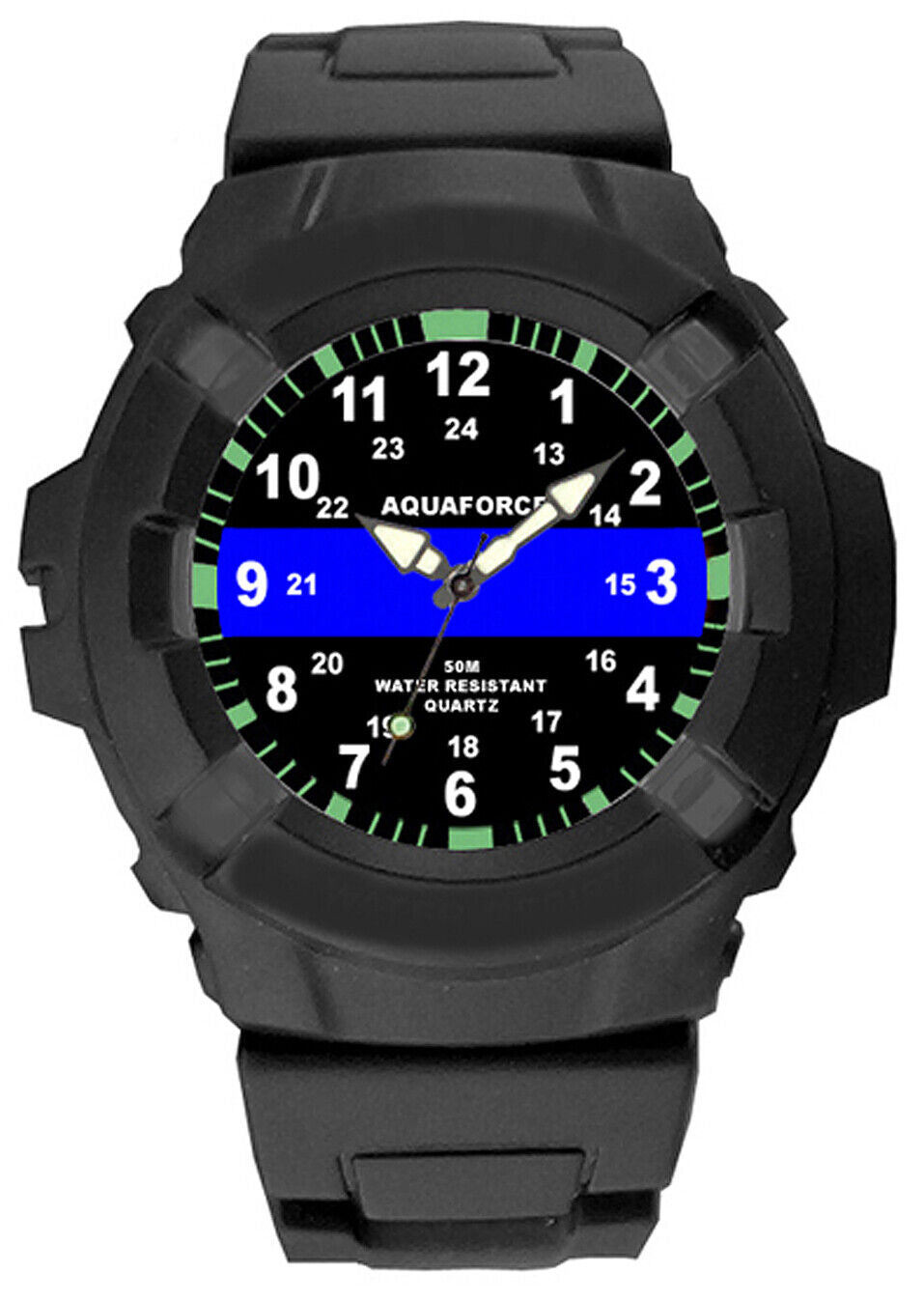 Aqua Force Thin Blue Line Officers Watch Rugged PU Rubber (50m Water Resistant)