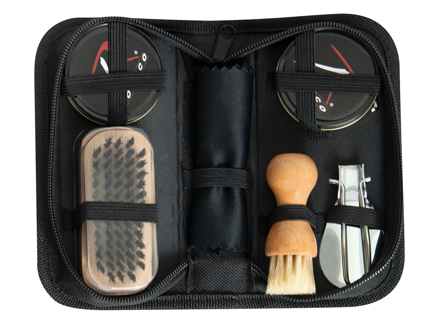 Compact Shoe Care Kit - Black Polish, Cleaning Cloth, Dauber, Brush, Shoe Horn