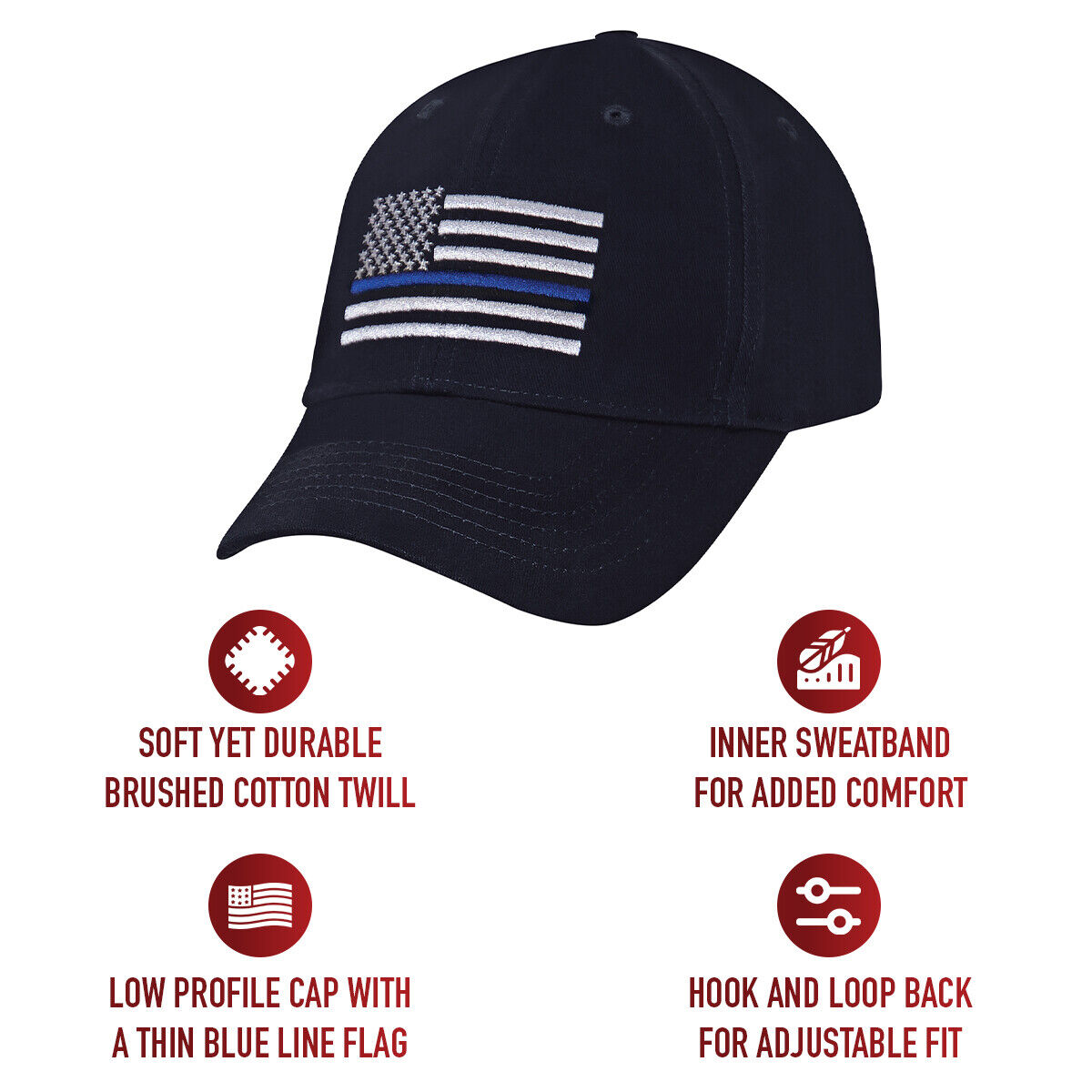 Navy Blue Baseball Cap With Thin Blue Line Flag Mid Profile Adjustable TBL Hat