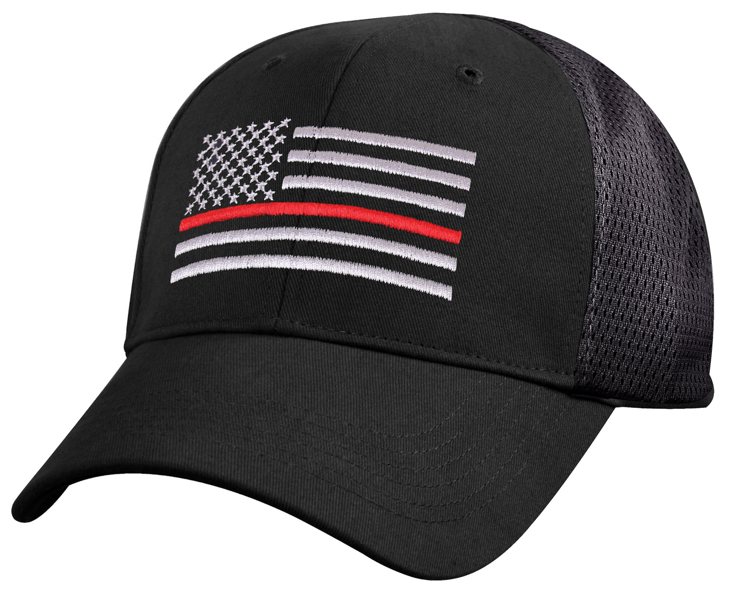 Black Mid-Low Profile Mesh Back Baseball Hat - Rothco Thin Red Line Mesh Cap