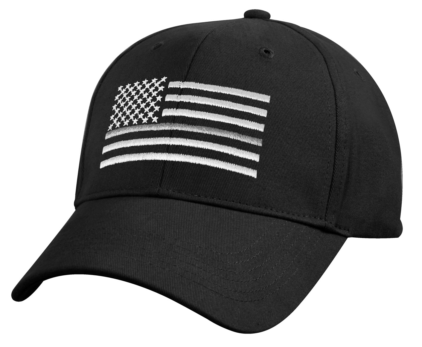 Black Mid To Low Profile Hat - Embroidered Thin Silver Line US Flag Cap Rothco