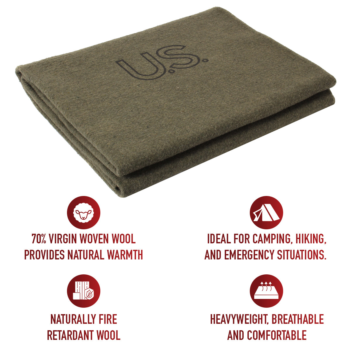 Olive Drab U.S.Wool Blend Blanket 62" X 80" Fire Retardant Camping Survival Gear