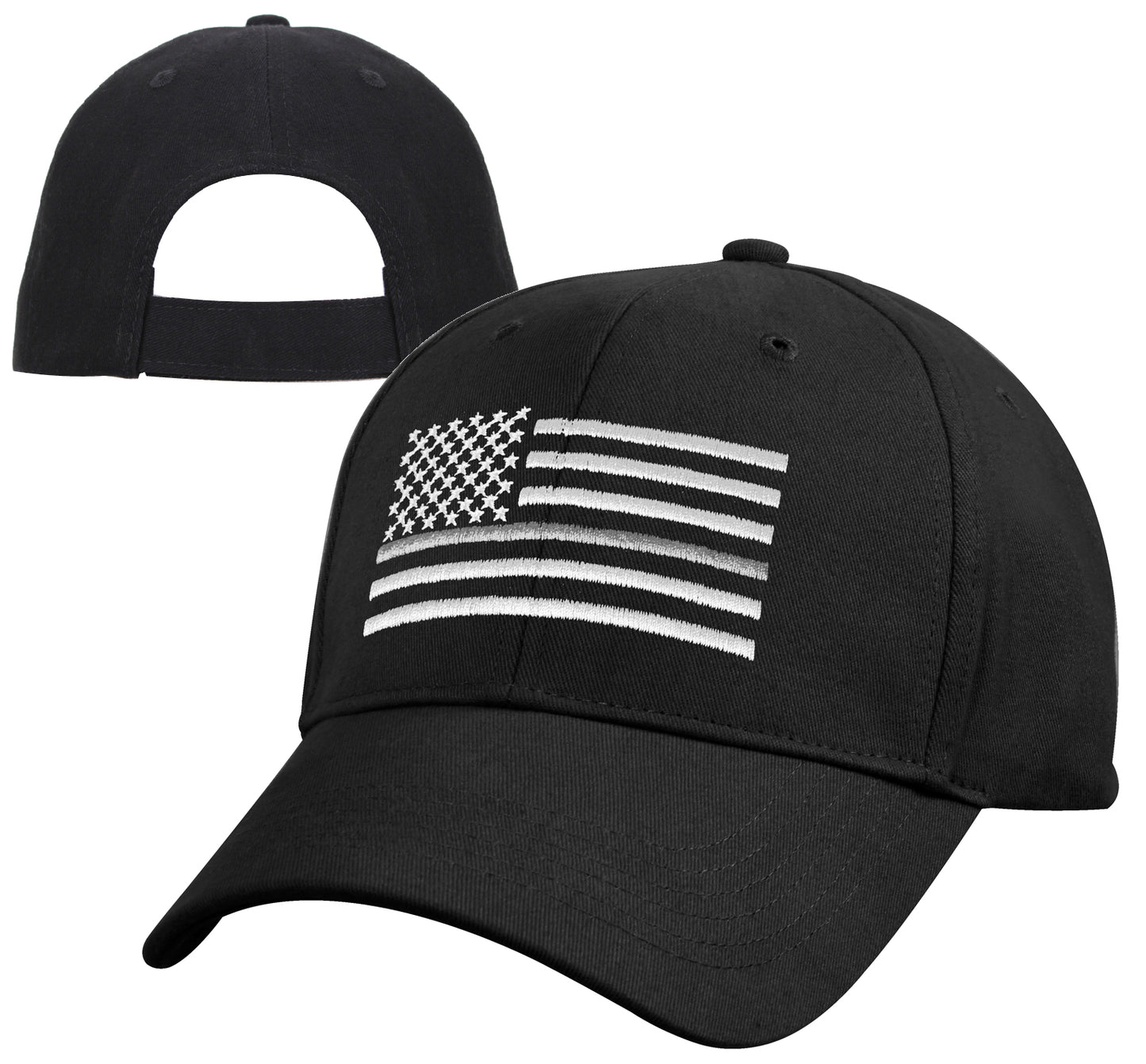 Black Mid To Low Profile Hat - Embroidered Thin Silver Line US Flag Cap Rothco