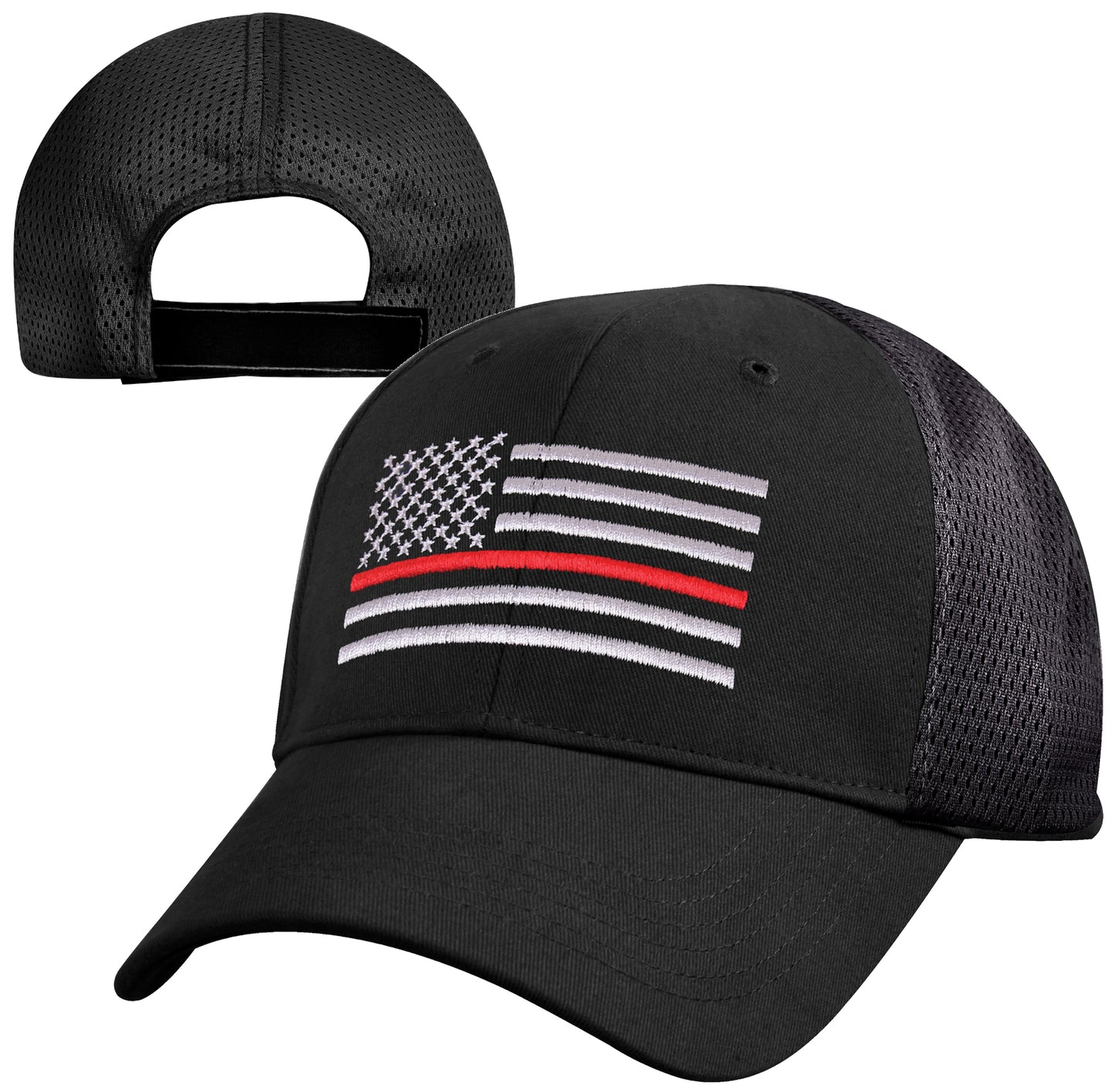 Black Mid-Low Profile Mesh Back Baseball Hat - Rothco Thin Red Line Mesh Cap