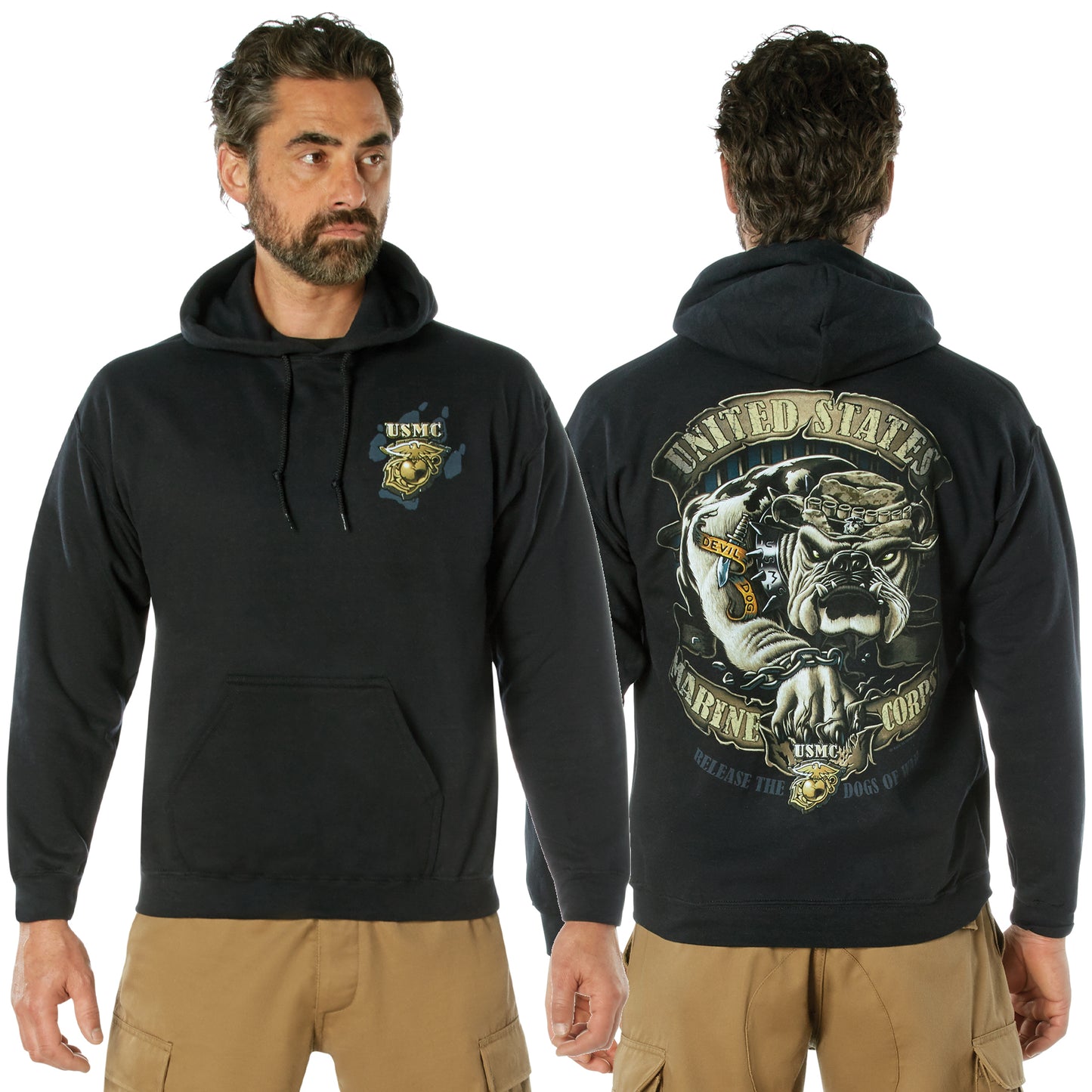 Black Hoodie USMC Graphic Bulldog Pullover Hooded Sweatshirt Black Ink