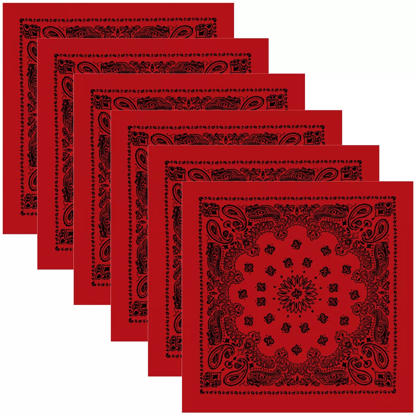 6-PACK of Red & Black Bandanas Six LARGE Trainmen Cotton Biker BIG Bandana