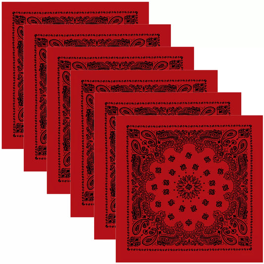 6-PACK of Red & Black Bandanas Six LARGE Trainmen Cotton Biker BIG Bandana