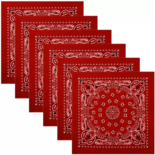 6-PACK Big Red Paisley Bandanas Six Extra Large Trainmen Cotton Biker Headwraps