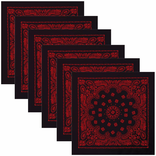 6-PACK Black & Red BIG Bandanas Six LARGE 27" Trainmen Cotton Stylish Bandana