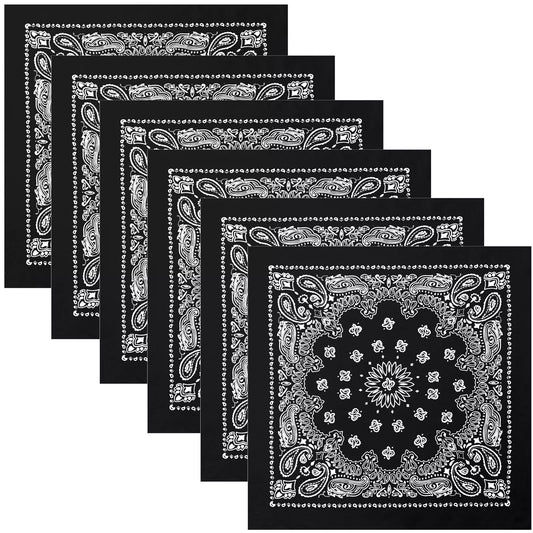 6-PACK Black Paisley Bandanas Six Big Large 27" Trainmen Cotton Biker Headwraps