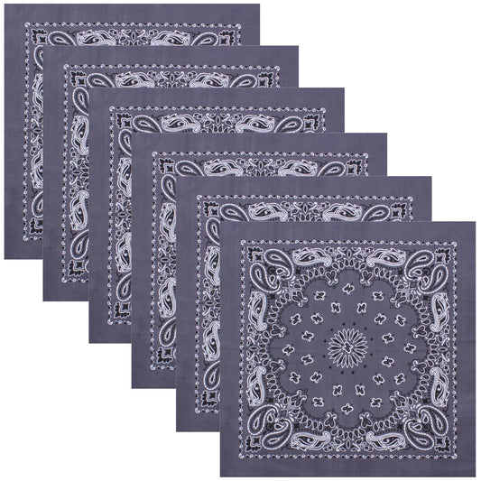 6 PACK BIG Grey Paisley Bandanas Six Gray Large Trainmen Cotton Biker Headwraps