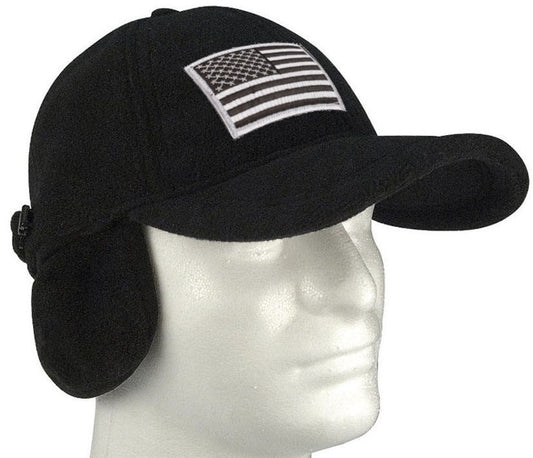 Black Polar Fleece Tactical Cap Hat w/ Earflaps and Silver Velcro Patch